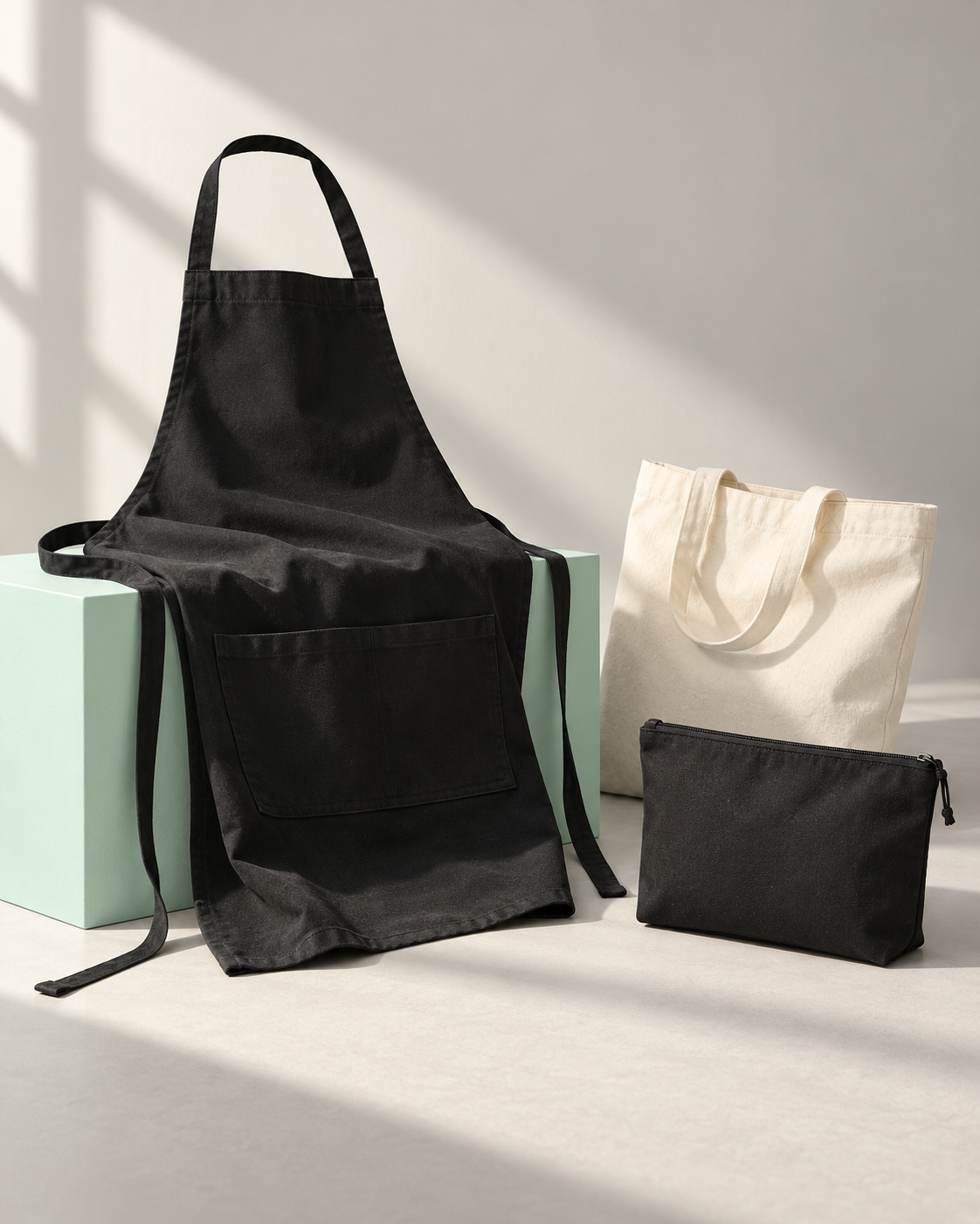 Illustrative arrangement of a black apron, zip pouch, and canvas tote on a mint display