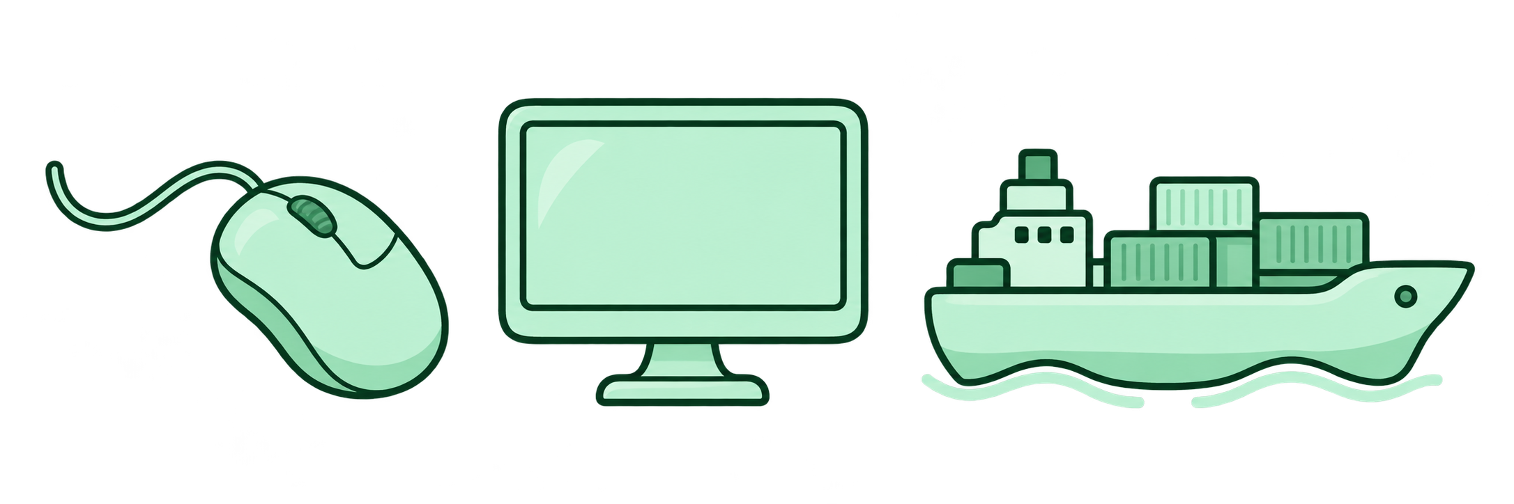 Mint cartoon computer mouse, desktop computer, and cargo ship
